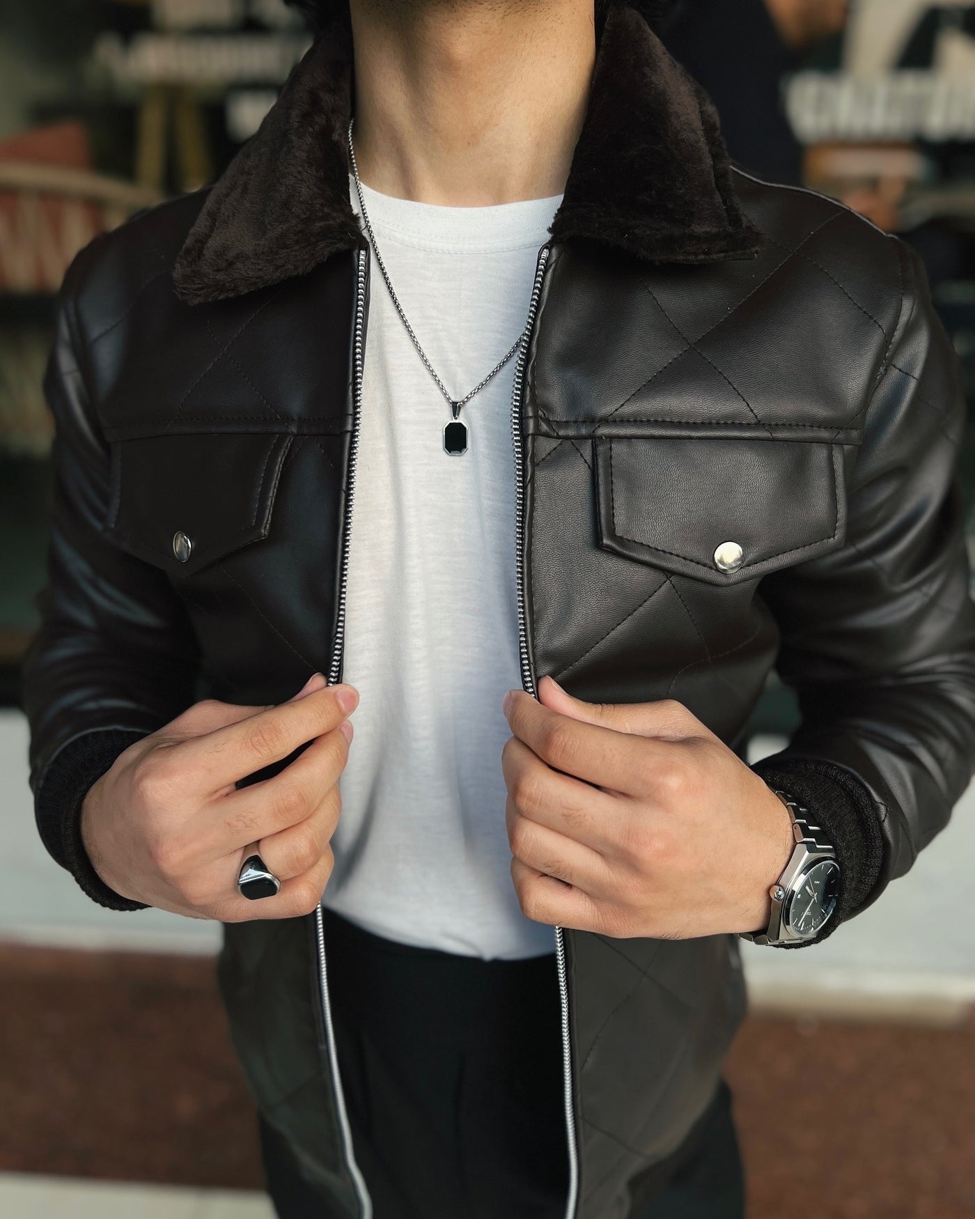 HOLLYWOOD-STYLE COFFEE BROWN DIAMOND-CUT LEATHER JACKET( Clearance Sale)