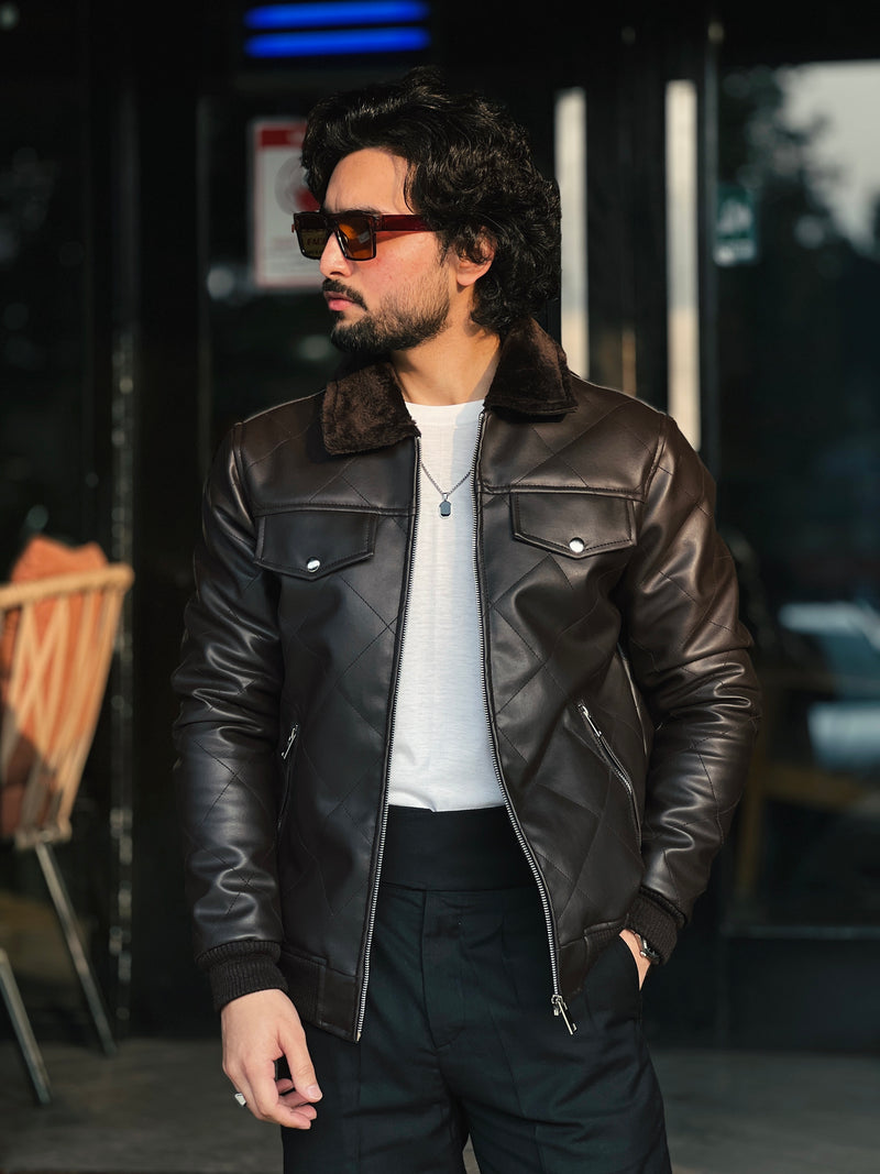 Hollywood Style Coffee Diamond-Cut Leather Jacket