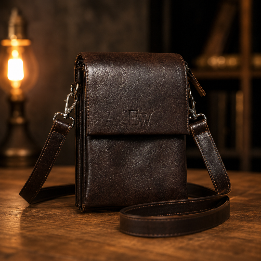 Premium men's brown leather crossbody messenger bag with adjustable shoulder strap for travel and daily use