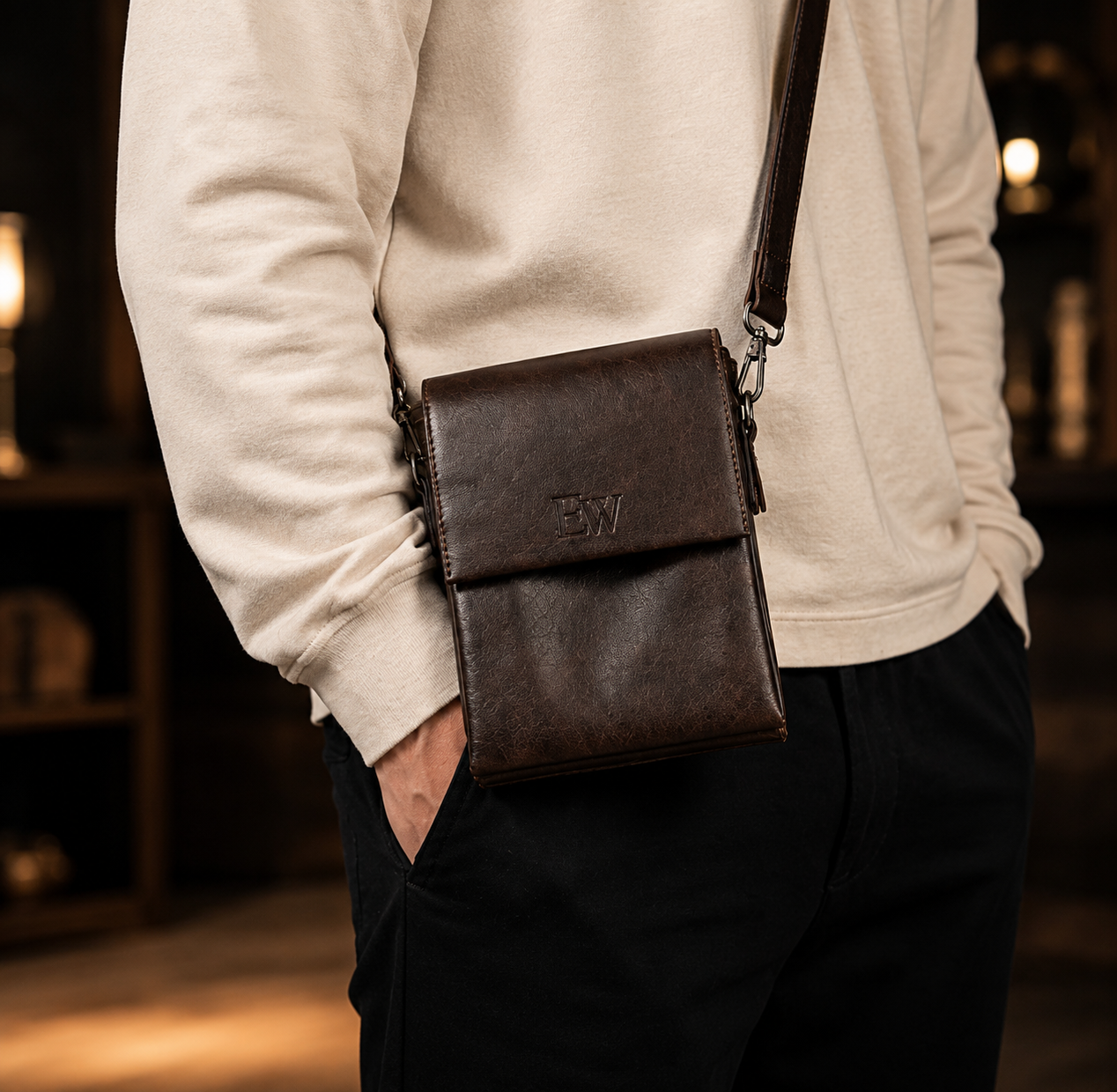 Men's premium PU leather crossbody bag in coffee brown on wooden table