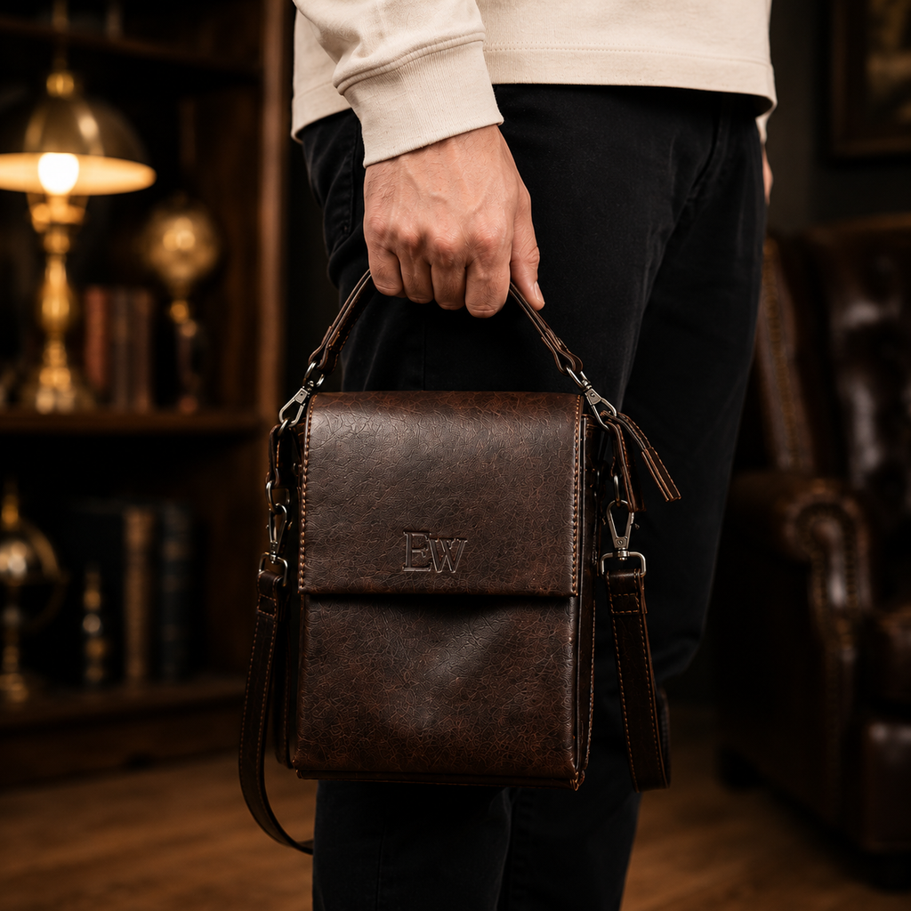 Vintage brown leather messenger shoulder bag for men with flap closure and multiple compartments