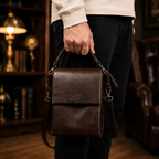 Vintage brown leather messenger shoulder bag for men with flap closure and multiple compartments