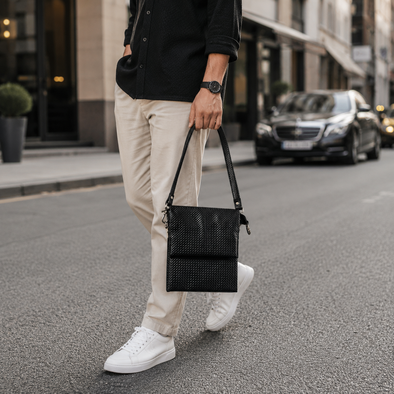 Premium Black Leather Crossbody Bag for Men | Luxury Messenger Shoulder Sling Bag