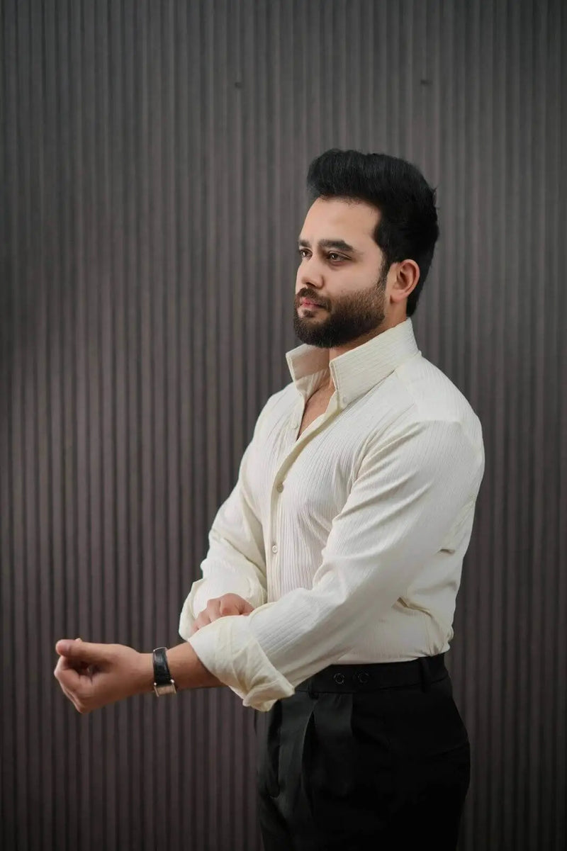 Men’s Ivory Pinstripe Shirt – Slim Fit Lightweight Summer Formal