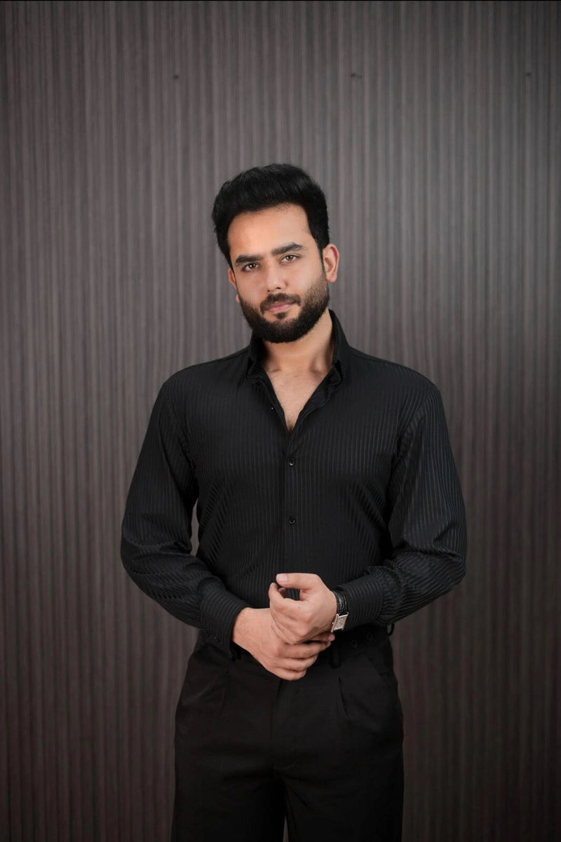 Men’s Black Pinstripe Shirt – Slim Fit Lightweight Summer Formal