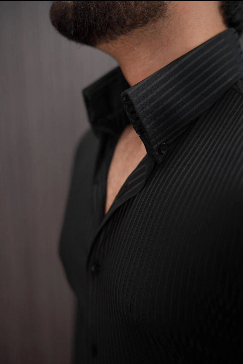 Men’s Black Pinstripe Shirt – Slim Fit Lightweight Summer Formal