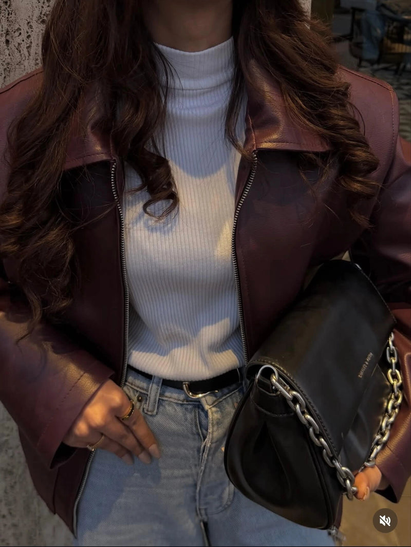 Unisex Burgundy Leather Bomber Jacket