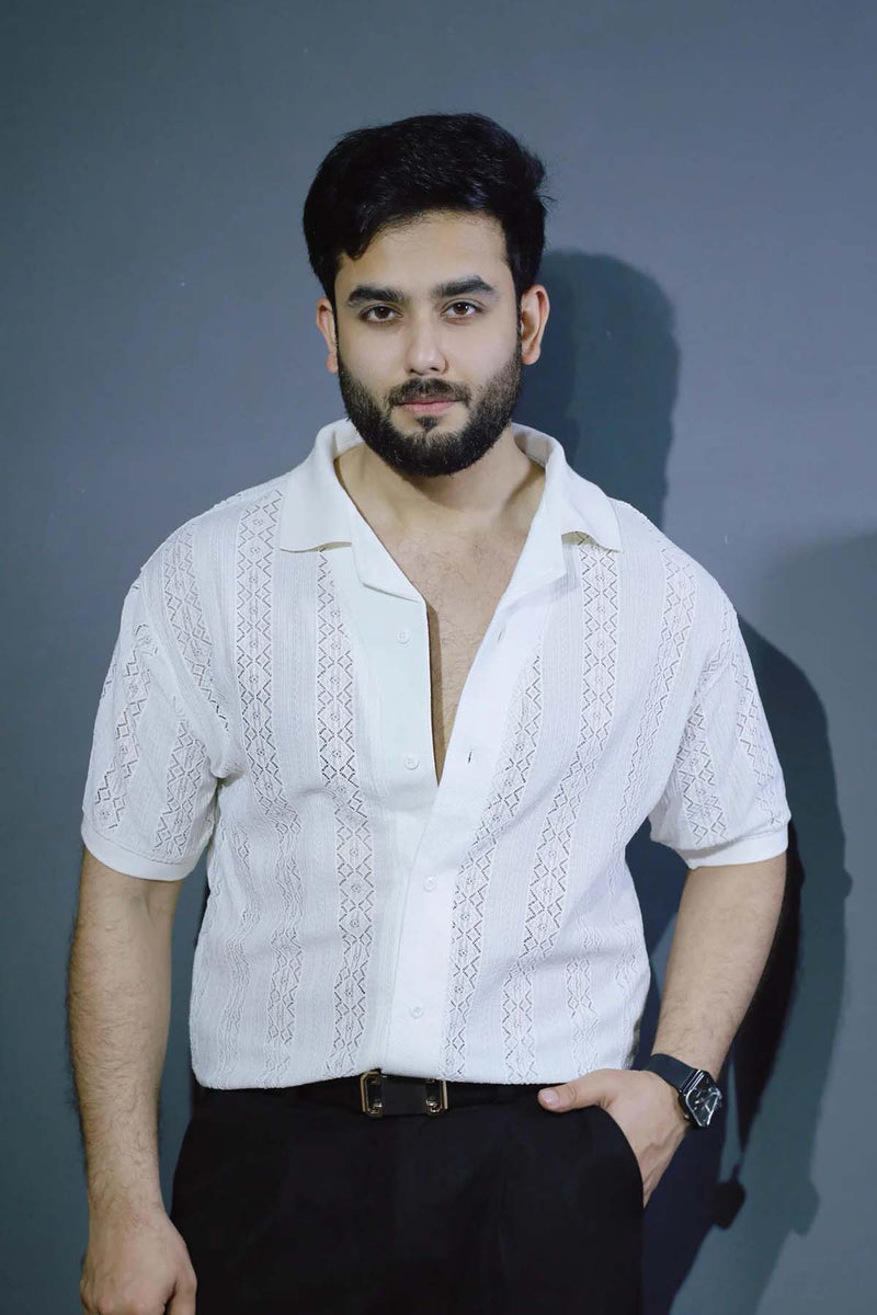 Jacquard Cuban Collar Shirt White