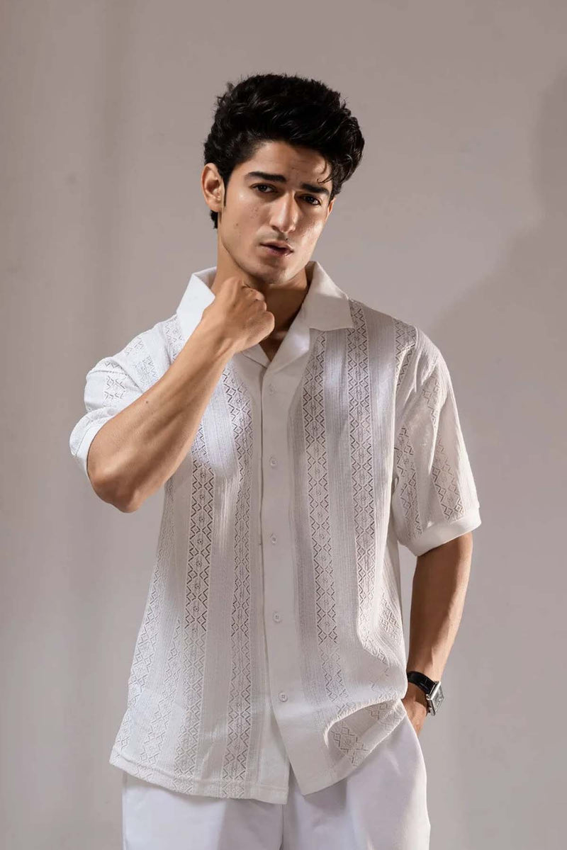 Jacquard Cuban Collar Shirt White