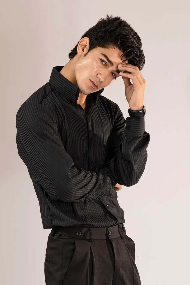 Long Collar Pinstripe Shirt Black