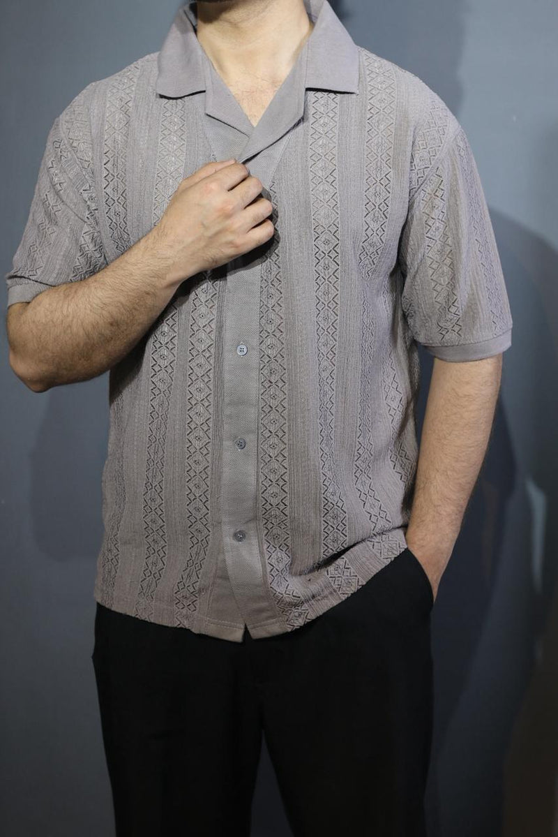 Old Money Textured Cuban Collar Shirt – Lightweight Jacquard Mesh (Grey)