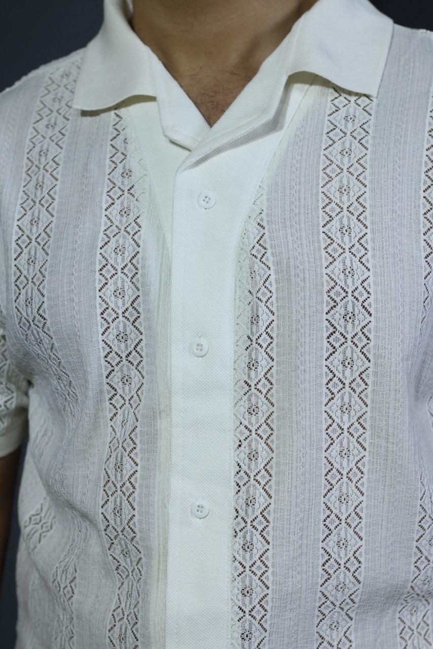 Old Money Textured Cuban Collar Shirt – Lightweight Jacquard Mesh (White)
