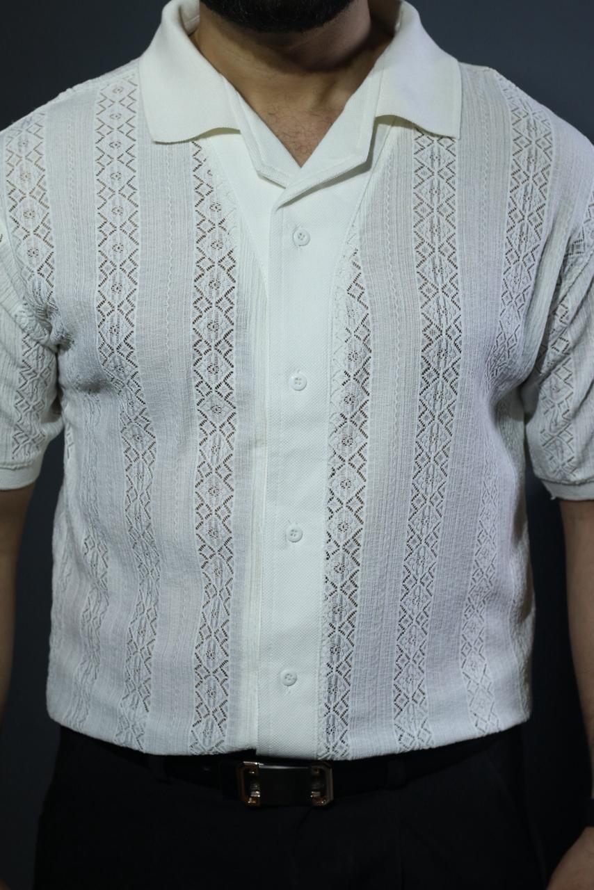 Old Money Textured Cuban Collar Shirt – Lightweight Jacquard Mesh (White)