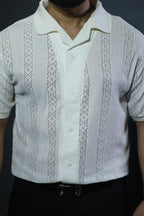 Old Money Textured Cuban Collar Shirt – Lightweight Jacquard Mesh (White)