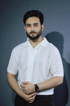 Old Money Textured Cuban Collar Shirt – Lightweight Jacquard Mesh (White)