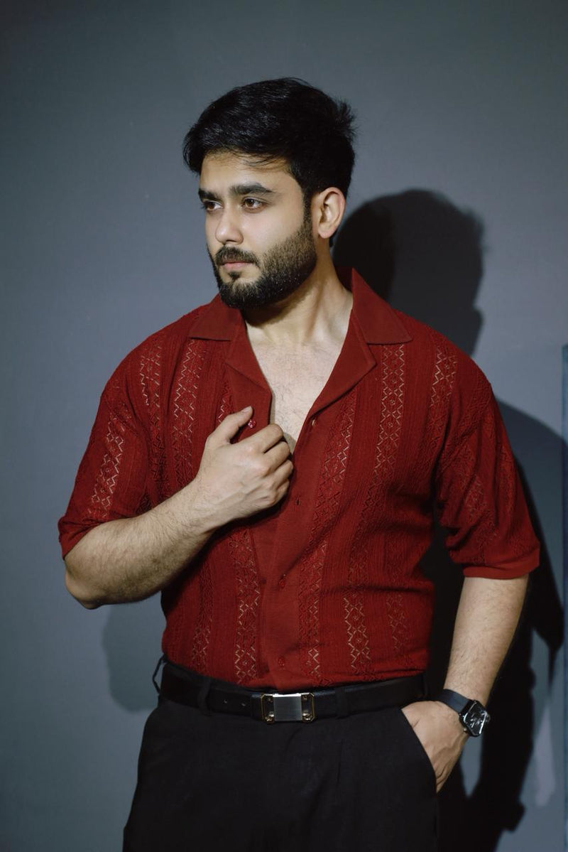 Old Money Textured Cuban Collar Shirt – Lightweight Jacquard Mesh (Burgundy Red)