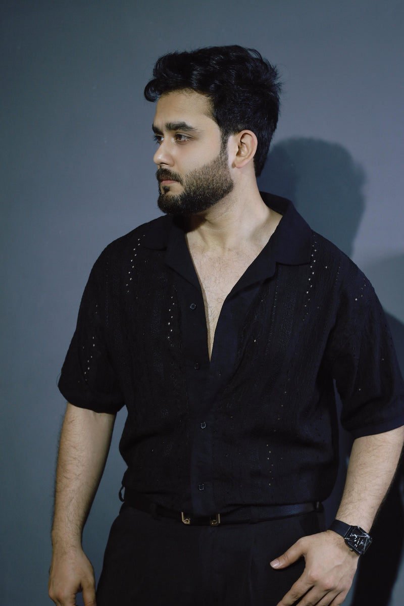 Old Money Textured Cuban Collar Shirt – Lightweight Jacquard Mesh (Black)