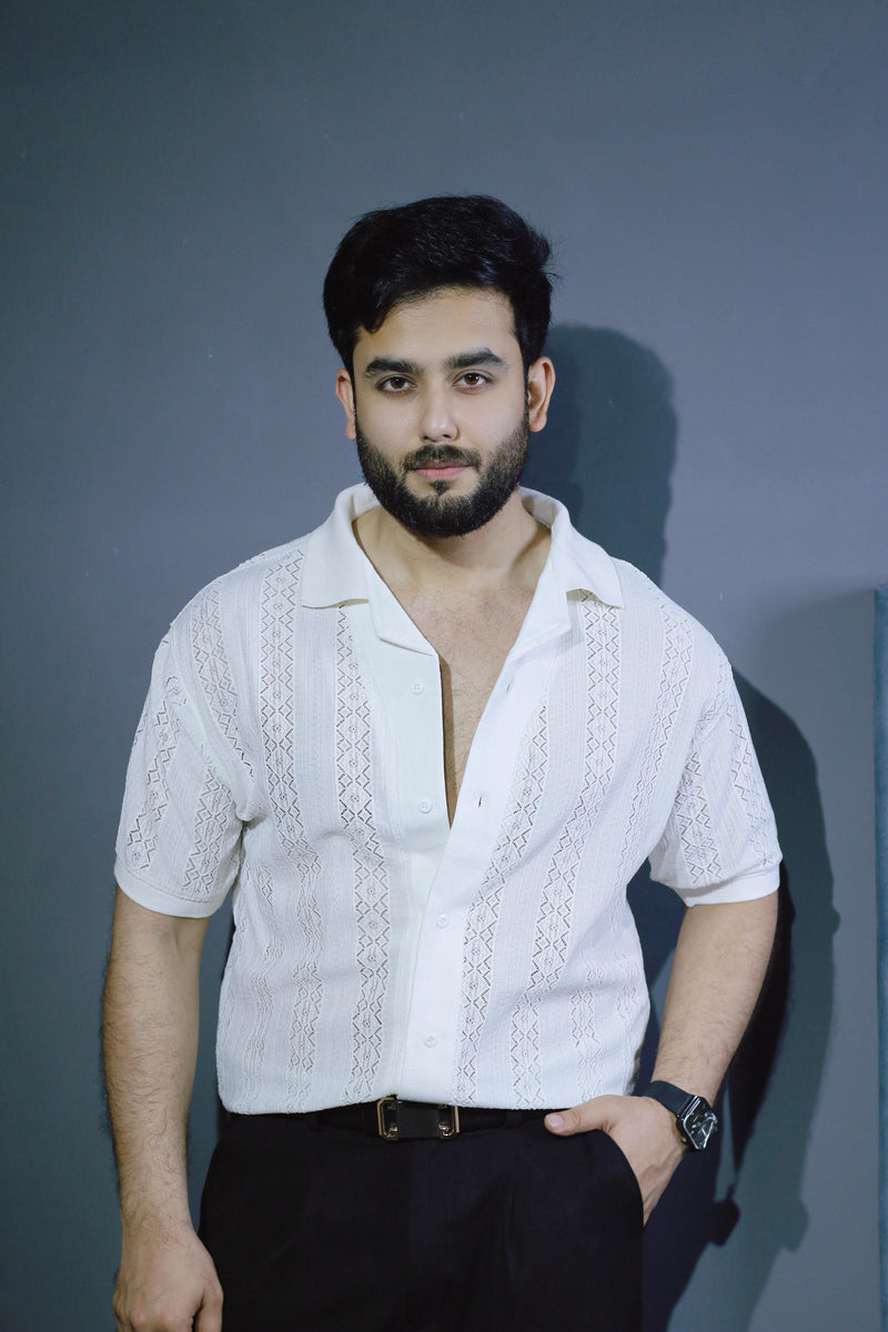 Old Money Textured Cuban Collar Shirt – Lightweight Jacquard Mesh (White)