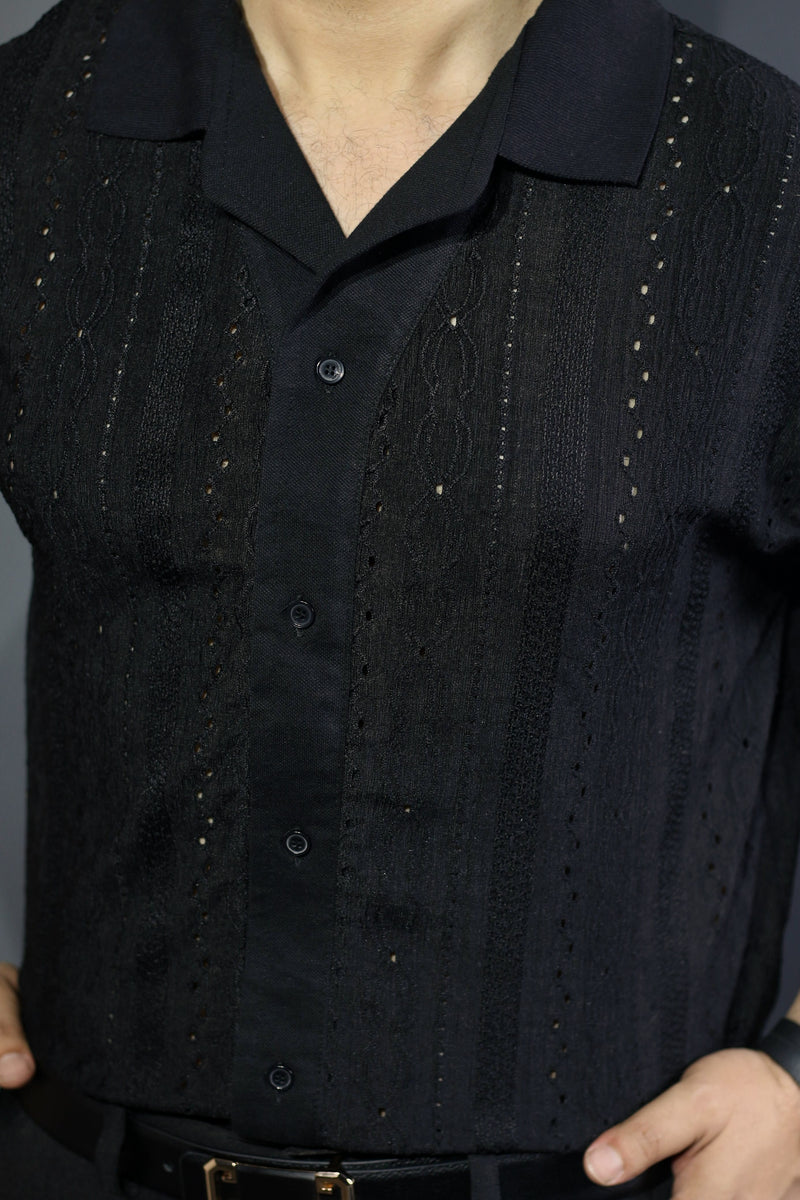 Old Money Textured Cuban Collar Shirt – Lightweight Jacquard Mesh (Black)