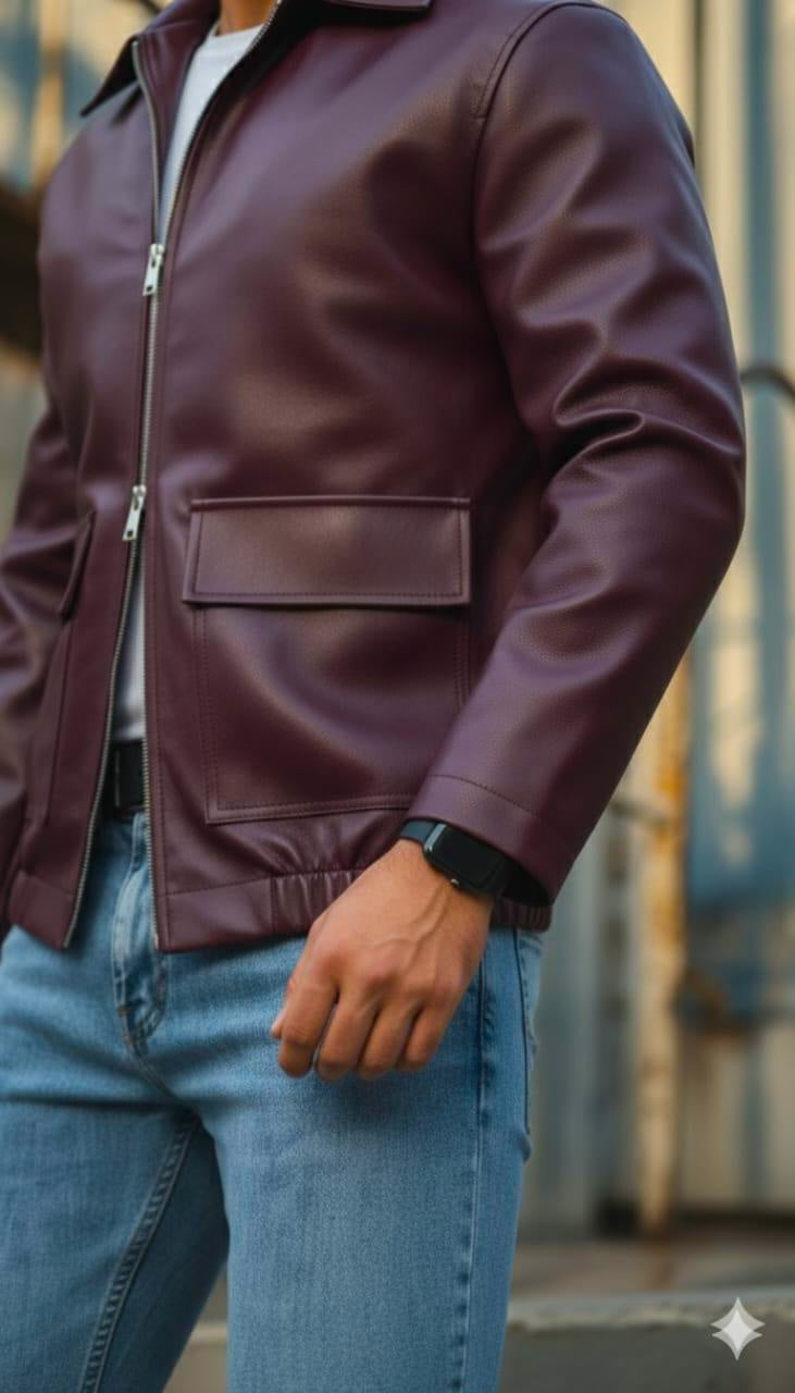 Unisex Burgundy Leather Bomber Jacket