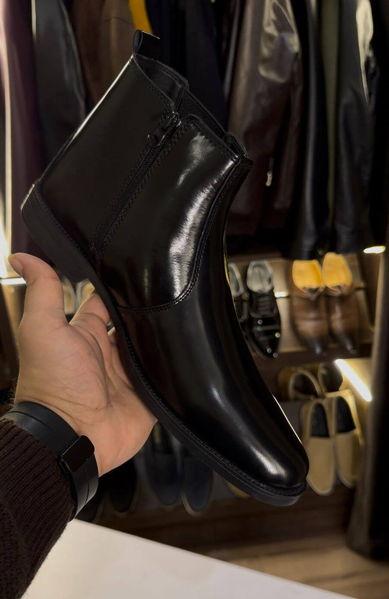 Men’s Chelsea Boots – Classic Formal 100% Genuine Black Leather Ankle Boots with Side Zipper