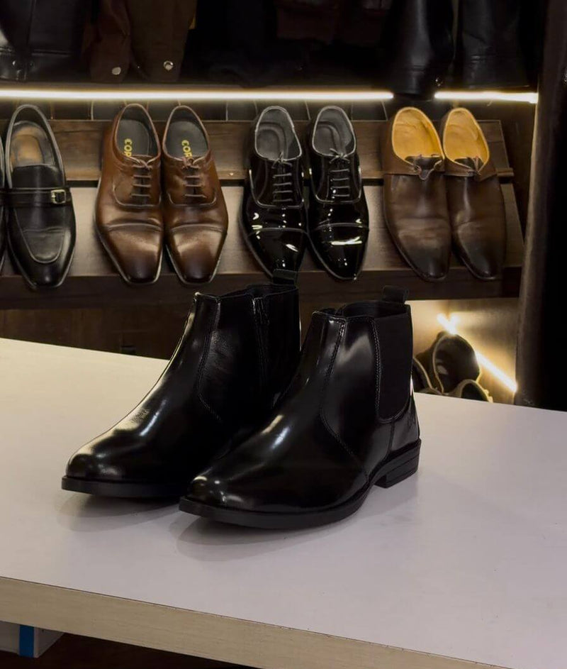 Men’s Chelsea Boots – Classic Formal 100% Genuine Black Leather Ankle Boots with Side Zipper