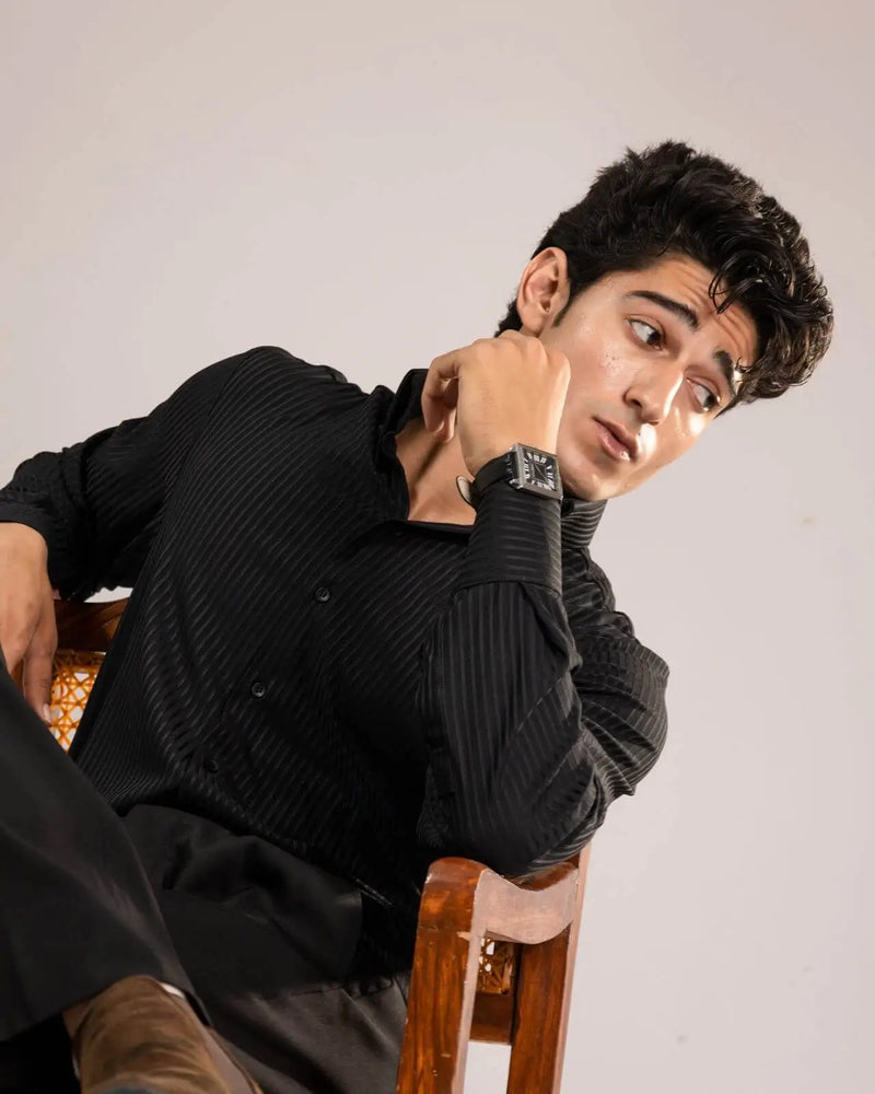 Men’s Black Pinstripe Shirt – Slim Fit Lightweight Summer Formal