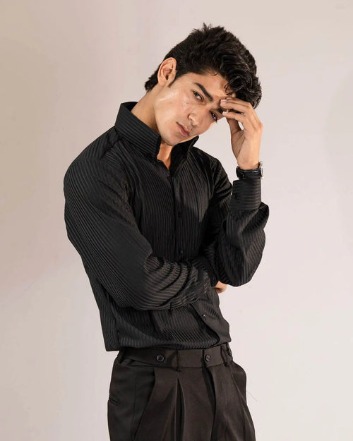 Long Collar Pinstripe Shirt Black