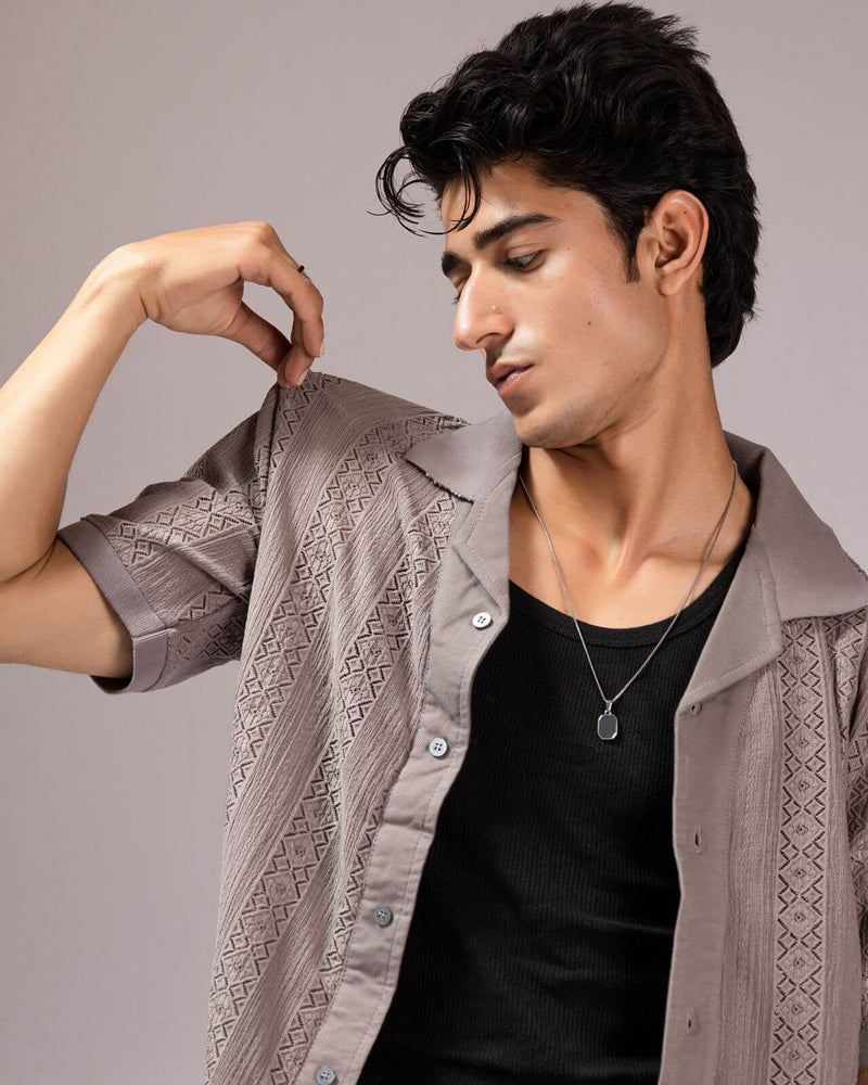 Old Money Textured Cuban Collar Shirt – Lightweight Jacquard Mesh (Grey)
