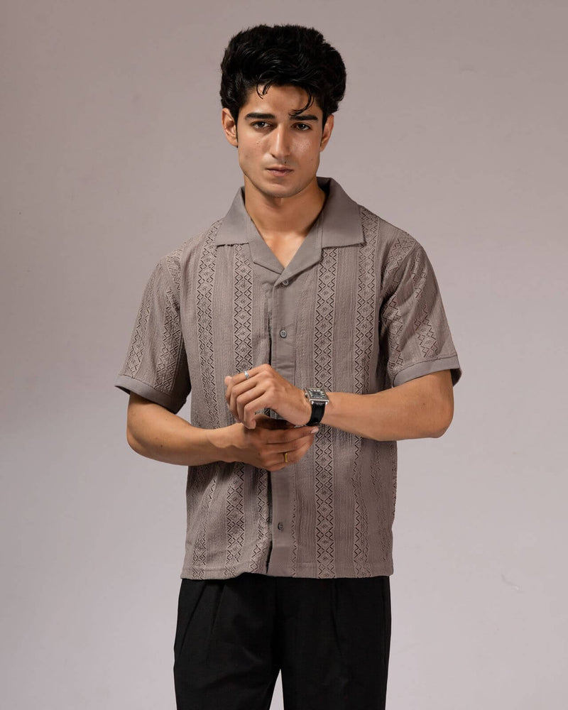 Old Money Textured Cuban Collar Shirt – Lightweight Jacquard Mesh (Grey)