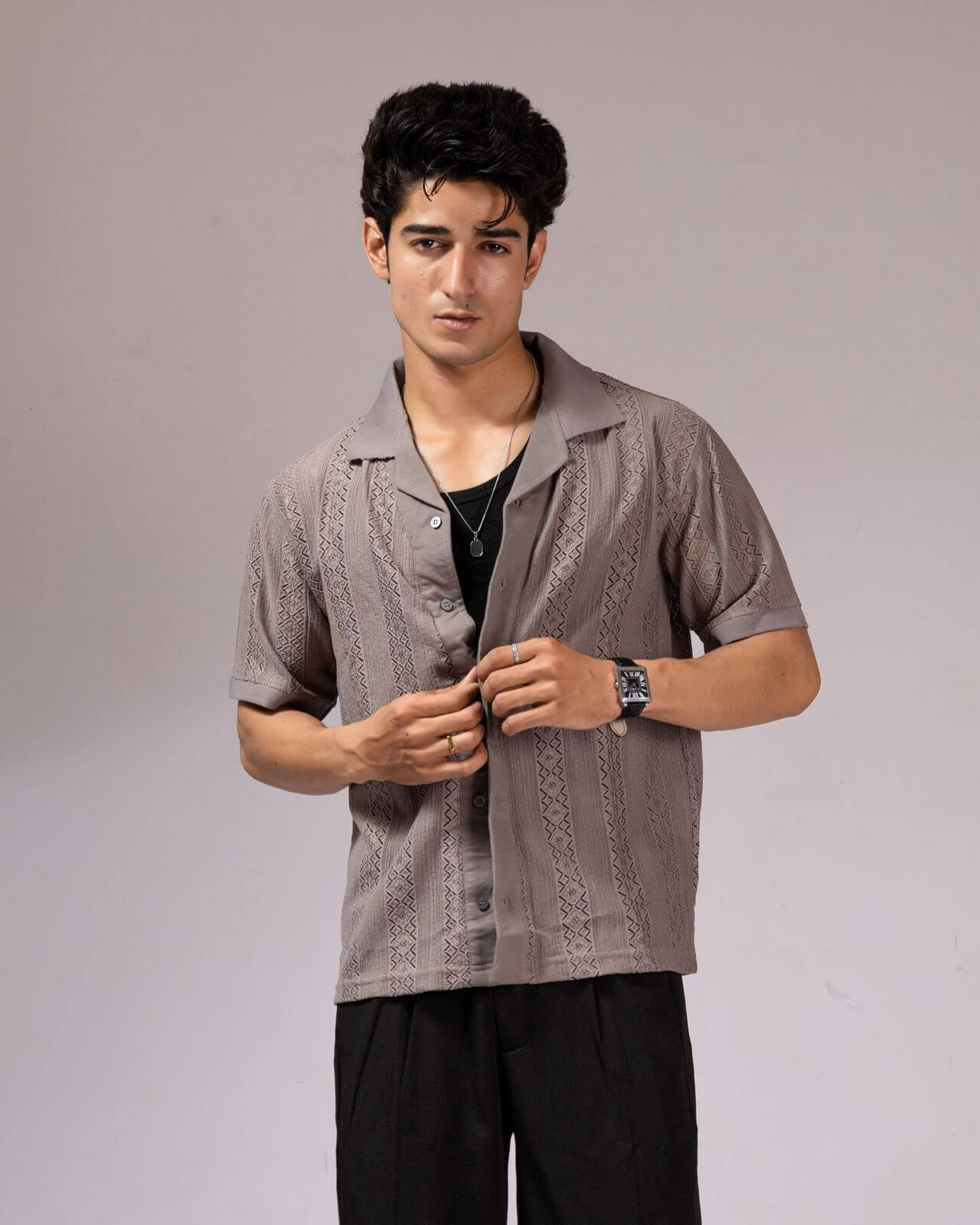 Jacquard Cuban Collar Shirt Grey