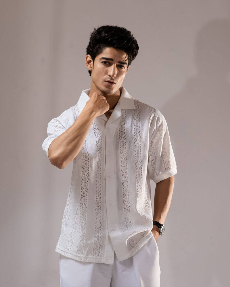 Old Money Textured Cuban Collar Shirt – Lightweight Jacquard Mesh (White)