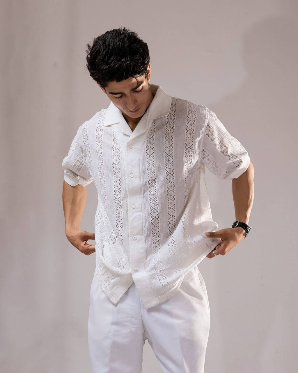 Jacquard Cuban Collar Shirt White