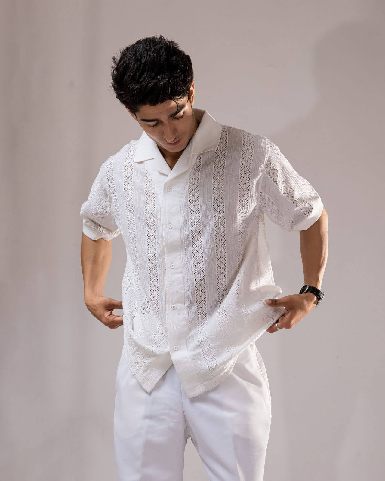 Jacquard Cuban Collar Shirt White