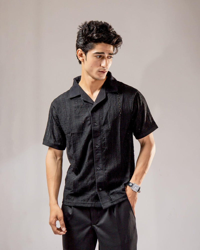 Old Money Textured Cuban Collar Shirt – Lightweight Jacquard Mesh (Black)