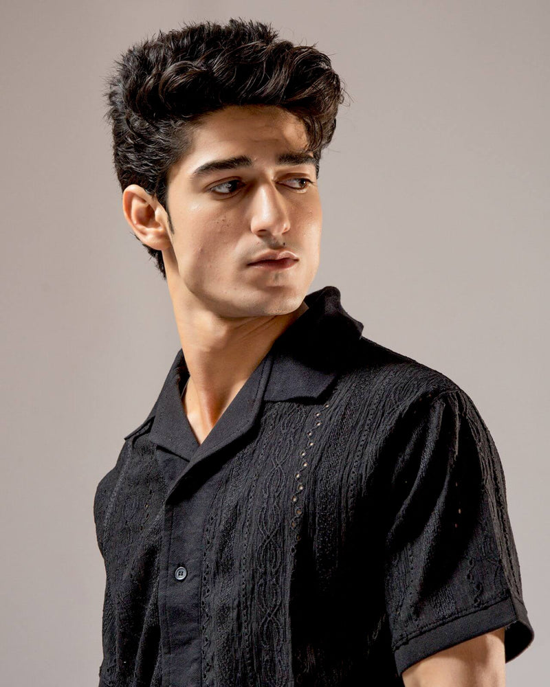 Old Money Textured Cuban Collar Shirt – Lightweight Jacquard Mesh (Black)
