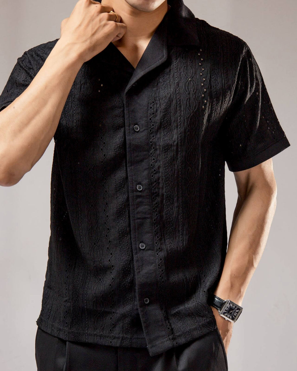 Jacquard Cuban Collar Shirt Black