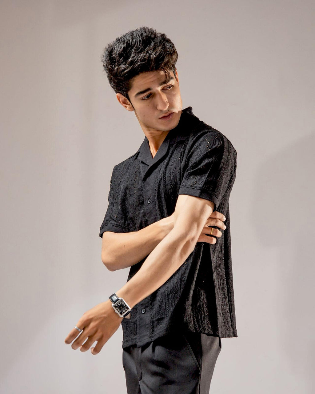 Jacquard Cuban Collar Shirt Black