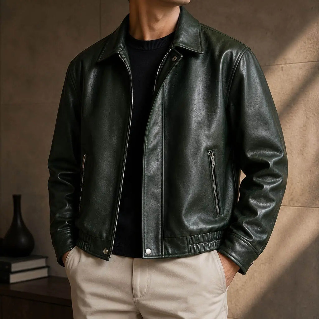 Alligator Green Leather Bomber Jacket