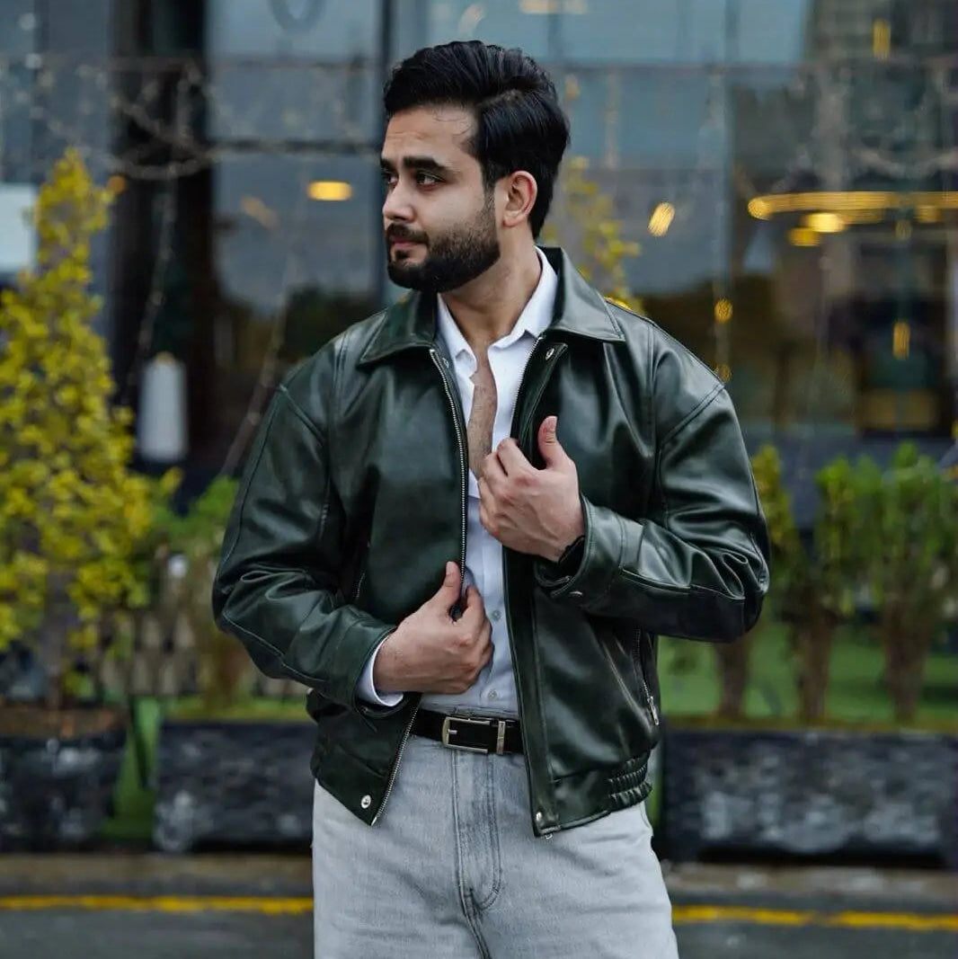 Alligator Green Leather Bomber Jacket