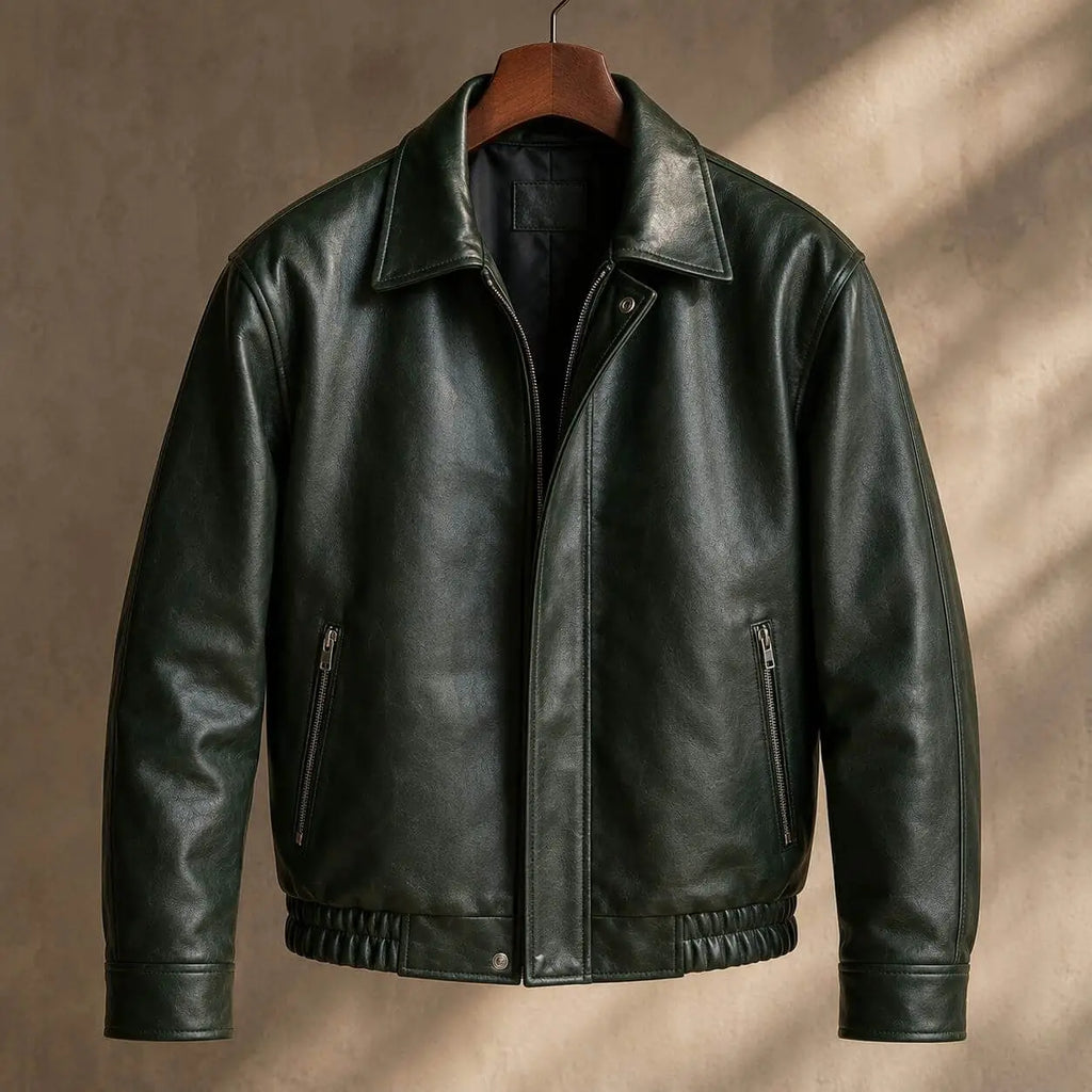 Alligator Green Leather Bomber Jacket