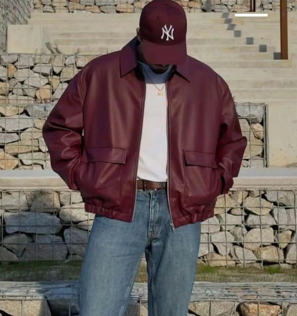 Unisex Burgundy Leather Bomber Jacket